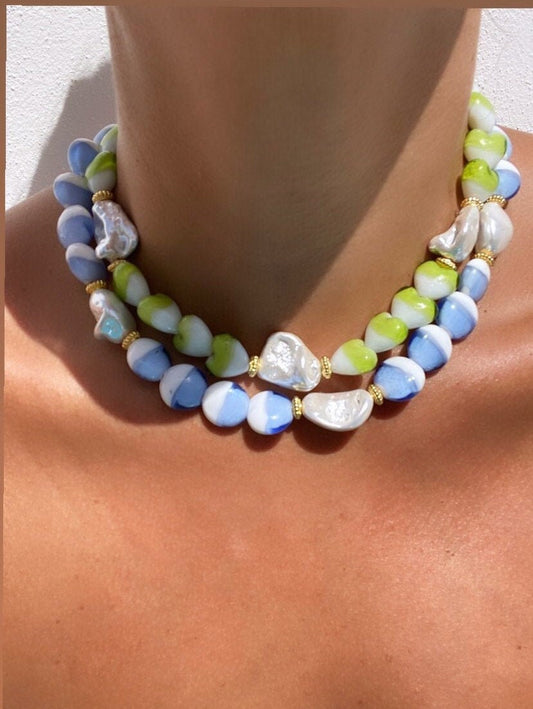 Model wearing CANDY necklace with casual daytime outfit
