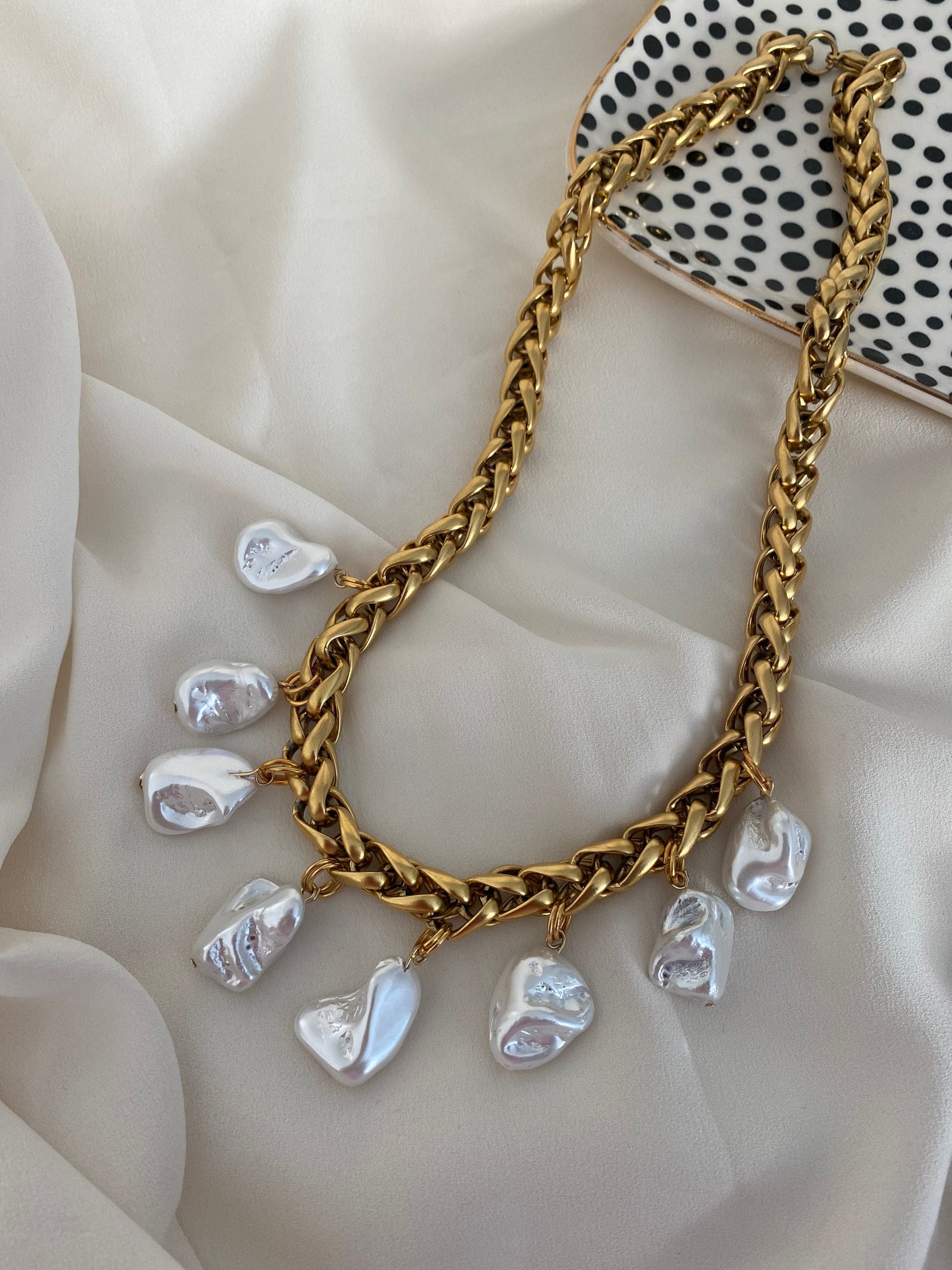 CHARLOTTE necklace with chunky gold chain and irregular Mother of Pearl charms