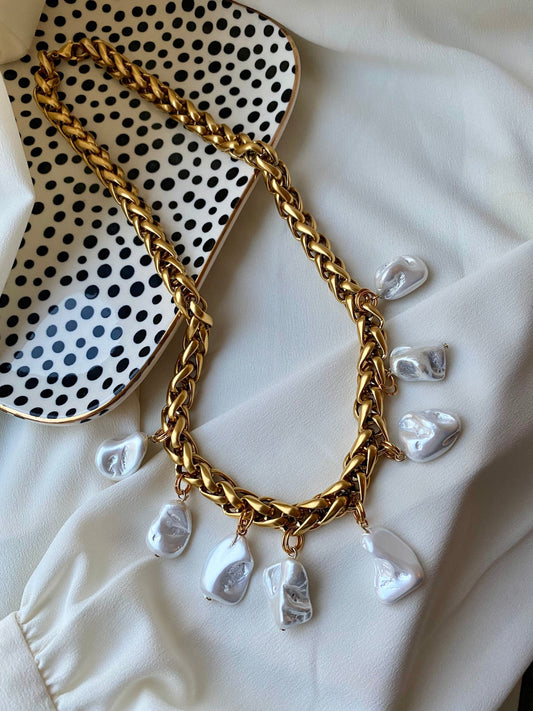 CHARLOTTE necklace with chunky gold chain and irregular Mother of Pearl charms