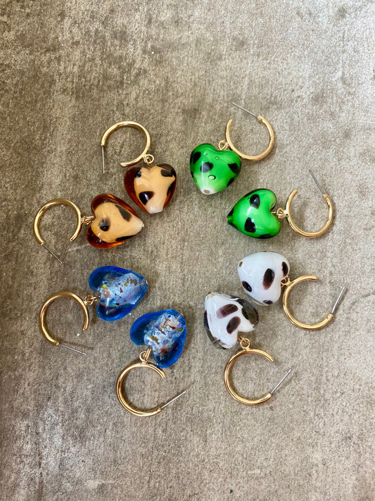 Murano heart earrings on gold hoops