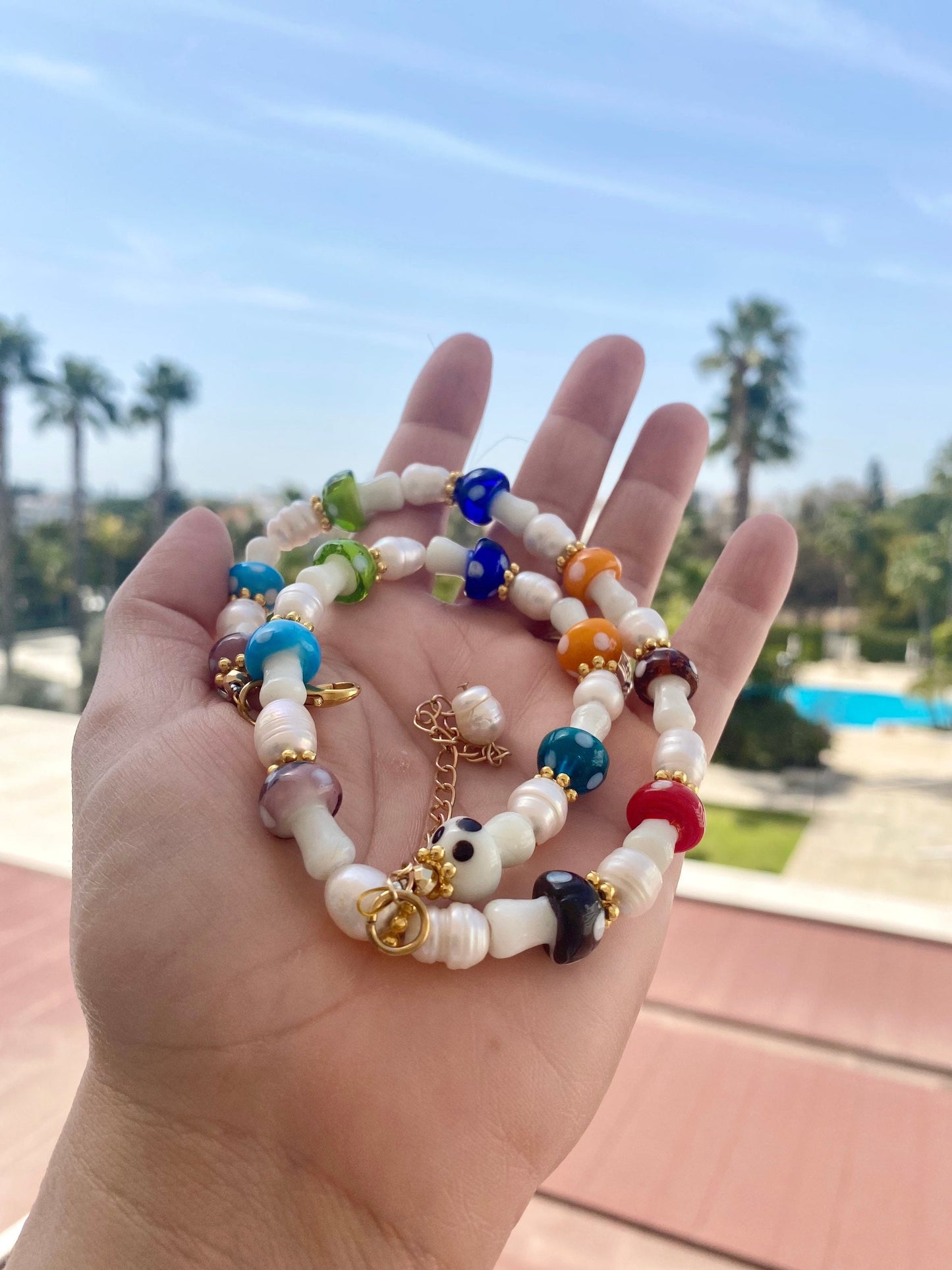 Pearls and Murano glass mushrooms handmade necklace